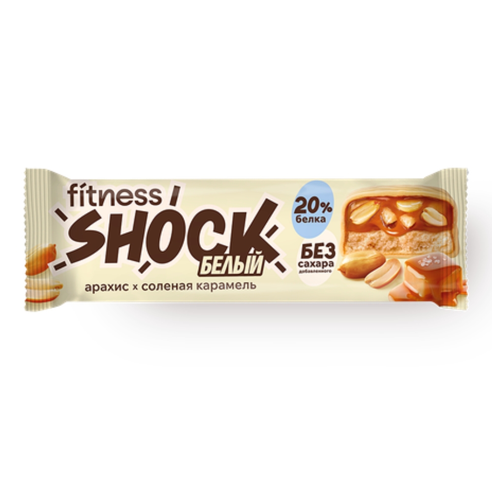 Батончик FITNESS SHOCK батончик протеиновый 40 g Арахис соленая карамель белый